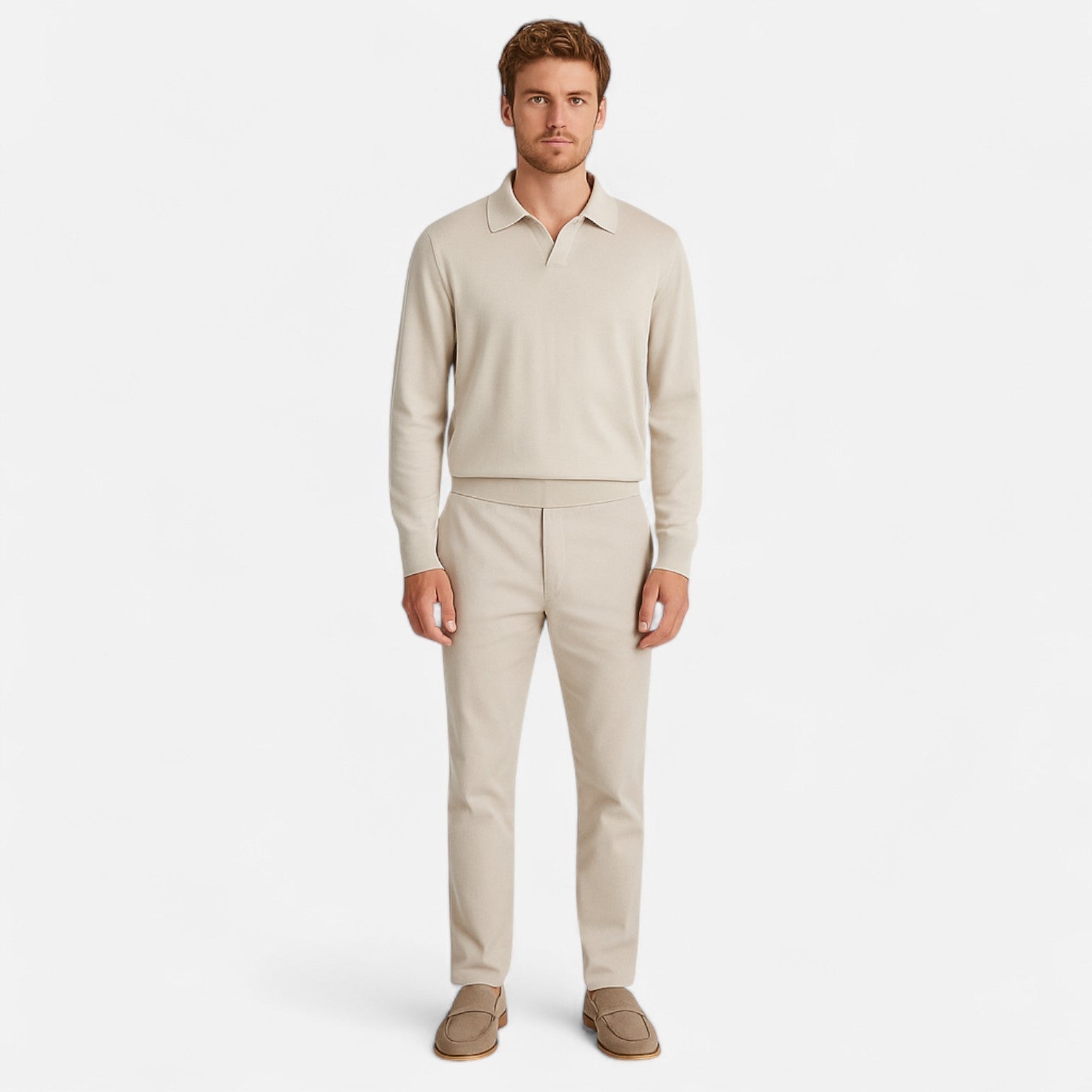 Men's Long Sleeve Polo Shirt - Classic Collar, Structured Knit, Elegant Design for Casual or Formal Wear