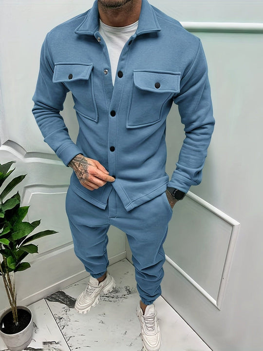 Men's Two-Piece Tracksuit with Button Pockets, Comfortable Fabric, Casual Sportswear for Gym and Outdoor Activities