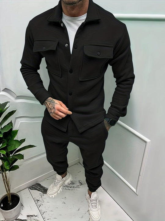 Men's Two-Piece Tracksuit with Button Pockets, Comfortable Fabric, Casual Sportswear for Gym and Outdoor Activities
