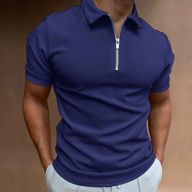 Men's Zippered Polo Shirt - Soft Cotton Blend - Casual Short Sleeve Top for Everyday Wear