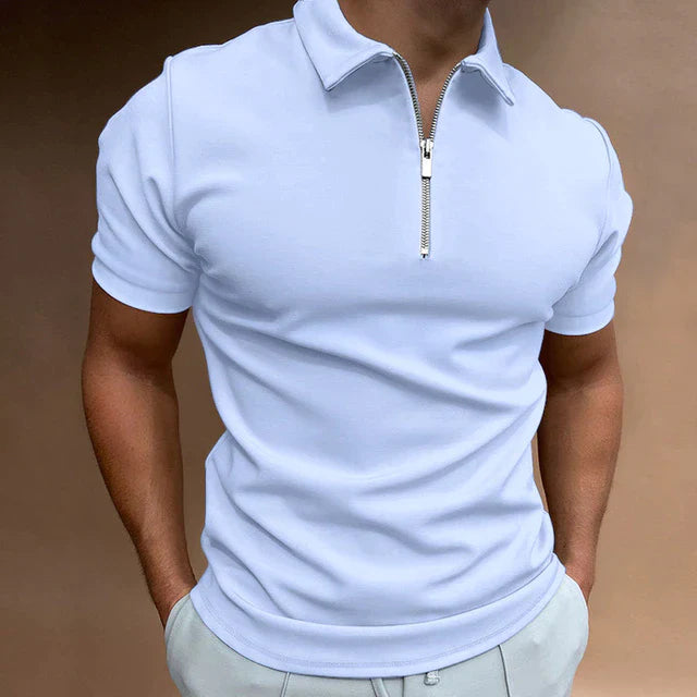 Men's Zippered Polo Shirt - Soft Cotton Blend - Casual Short Sleeve Top for Everyday Wear