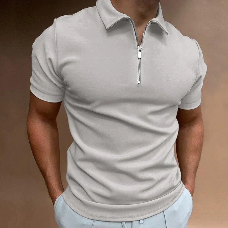 Men's Zippered Polo Shirt - Soft Cotton Blend - Casual Short Sleeve Top for Everyday Wear