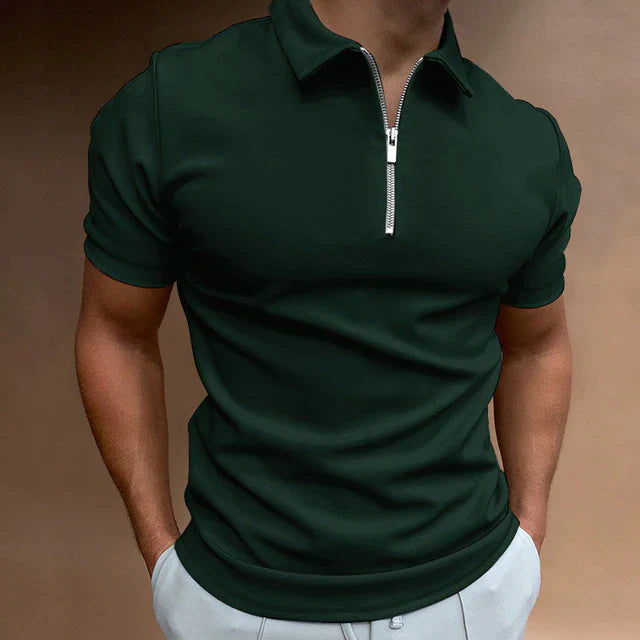 Men's Zippered Polo Shirt - Soft Cotton Blend - Casual Short Sleeve Top for Everyday Wear