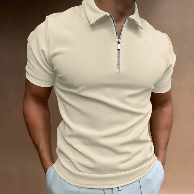 Men's Zippered Polo Shirt - Soft Cotton Blend - Casual Short Sleeve Top for Everyday Wear