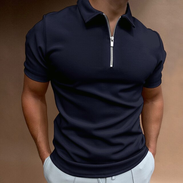 Men's Zippered Polo Shirt - Soft Cotton Blend - Casual Short Sleeve Top for Everyday Wear