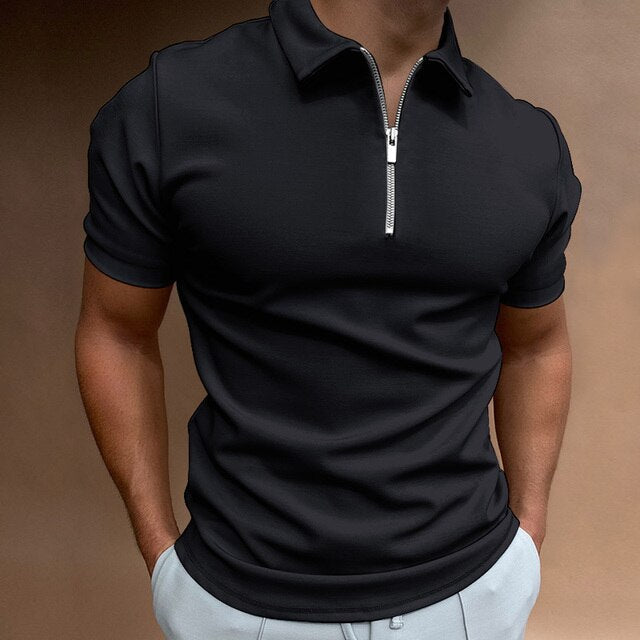 Men's Zippered Polo Shirt - Soft Cotton Blend - Casual Short Sleeve Top for Everyday Wear