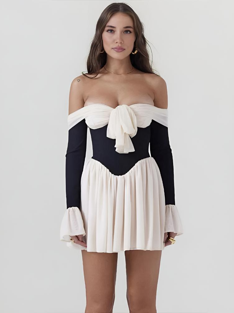 Off-Shoulder Corset Mini Dress with Contrast Details for Women - Elegant Evening Wear in Lightweight Fabric