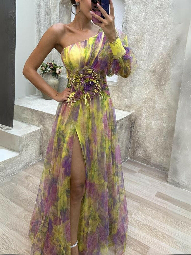 One-Shoulder Floral Maxi Dress - Lightweight Fabric - Elegant Evening Wear - Perfect for Summer Events and Weddings