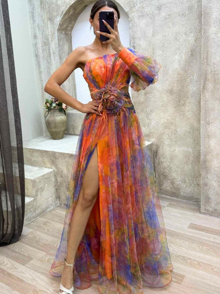 One-Shoulder Floral Maxi Dress - Lightweight Fabric - Elegant Evening Wear - Perfect for Summer Events and Weddings