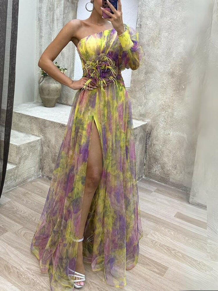 One-Shoulder Floral Maxi Dress - Lightweight Fabric - Elegant Evening Wear - Perfect for Summer Events and Weddings