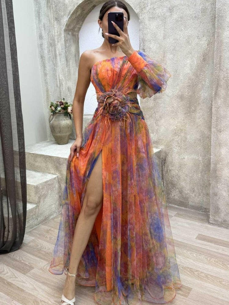 One-Shoulder Floral Maxi Dress - Lightweight Fabric - Elegant Evening Wear - Perfect for Summer Events and Weddings