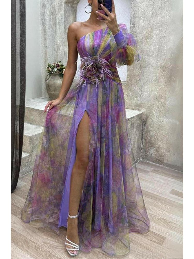 One-Shoulder Floral Maxi Dress - Lightweight Fabric - Elegant Evening Wear - Perfect for Summer Events and Weddings