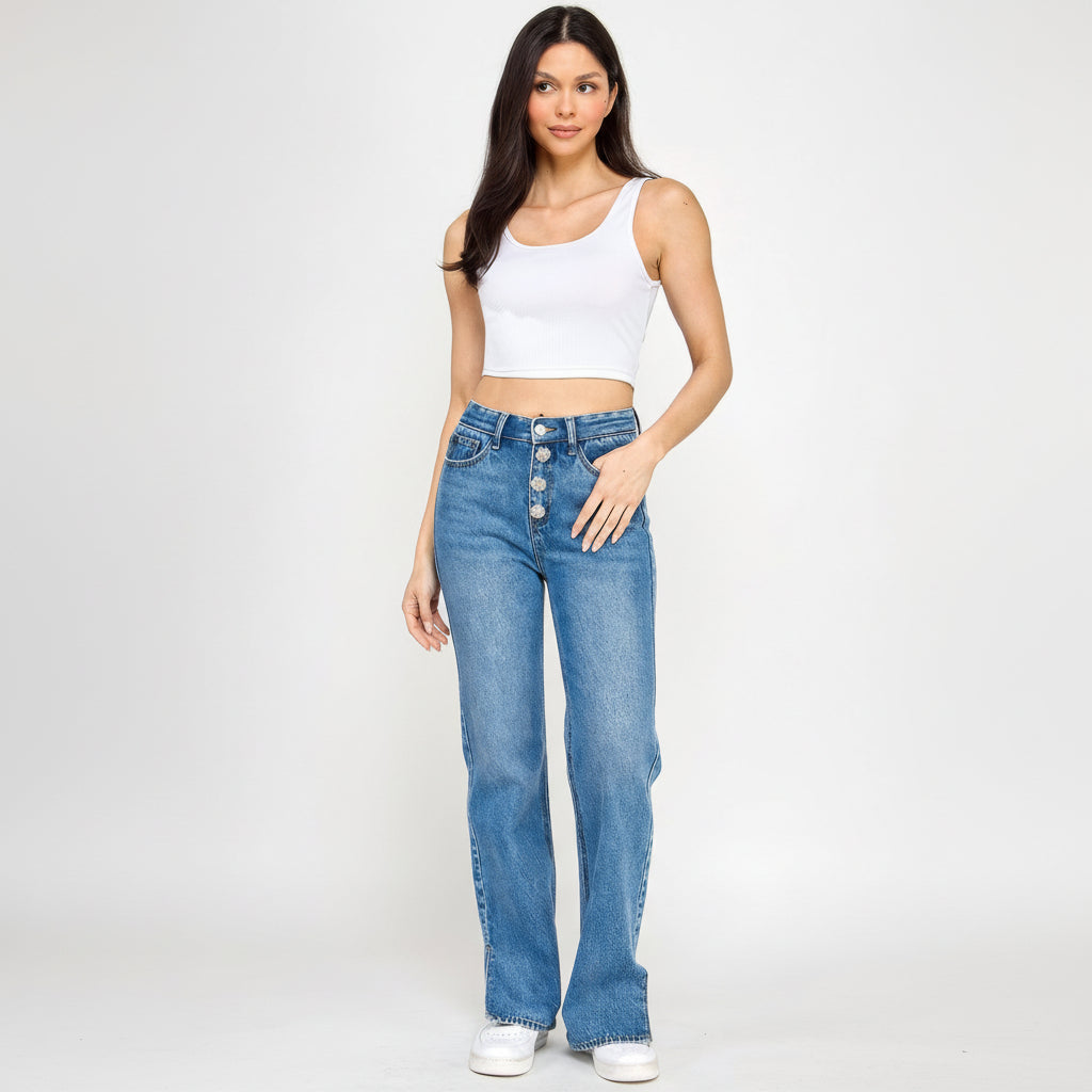 Plus Size High Rise Straight Jeans with Jewel Buttons for Everyday Wear