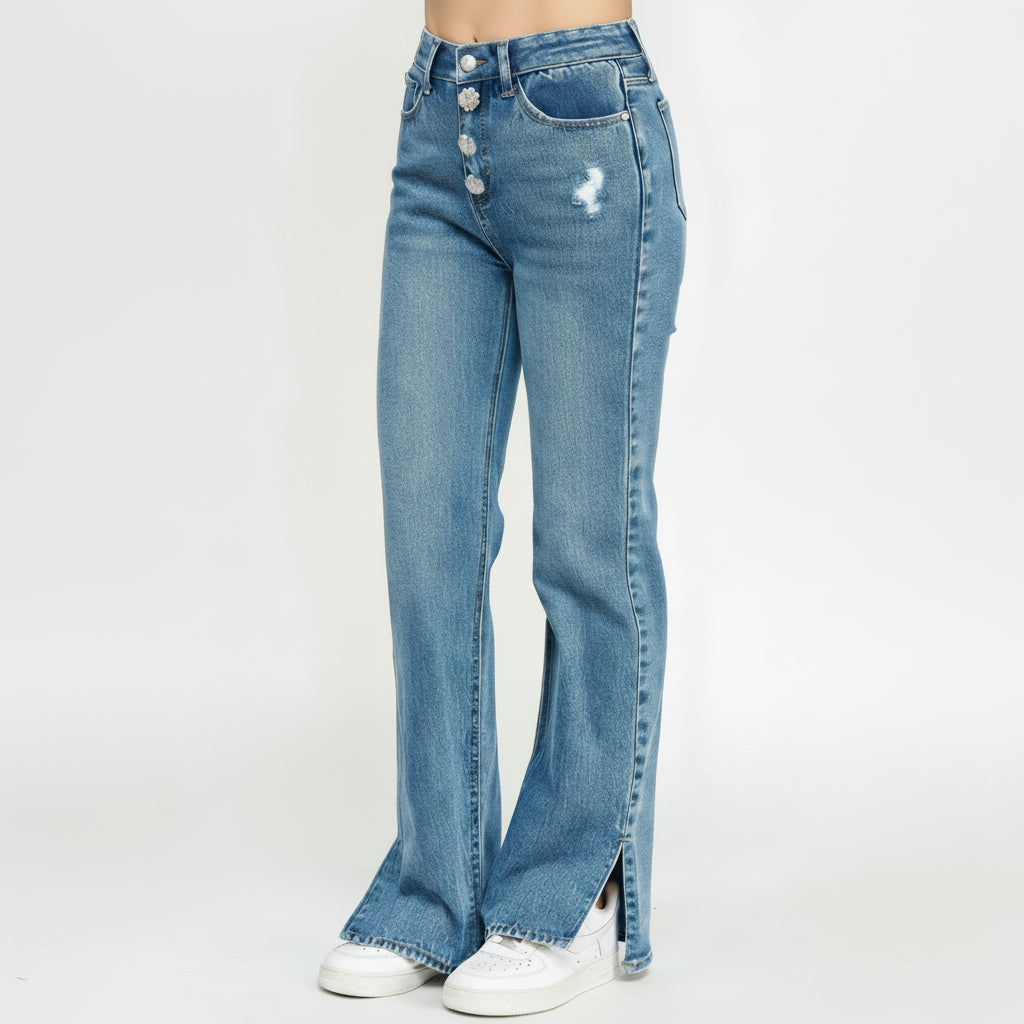 Plus Size High Rise Straight Jeans with Jewel Buttons for Everyday Wear