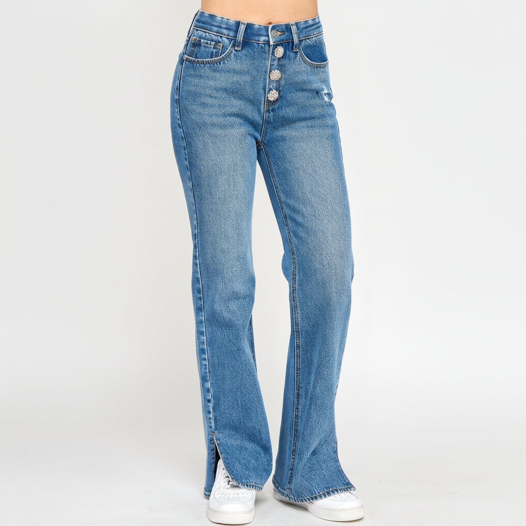 Plus Size High Rise Straight Jeans with Jewel Buttons for Everyday Wear
