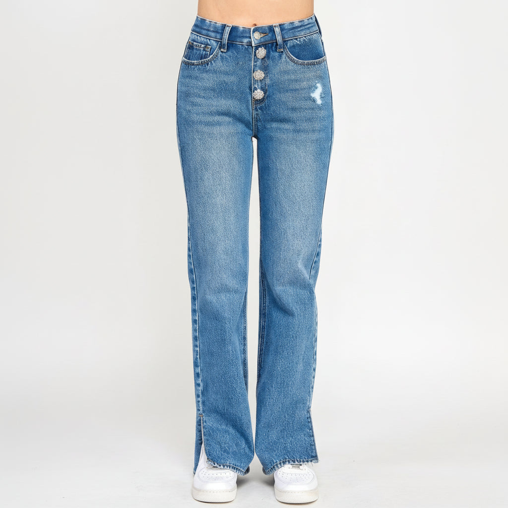 Plus Size High Rise Straight Jeans with Jewel Buttons for Everyday Wear
