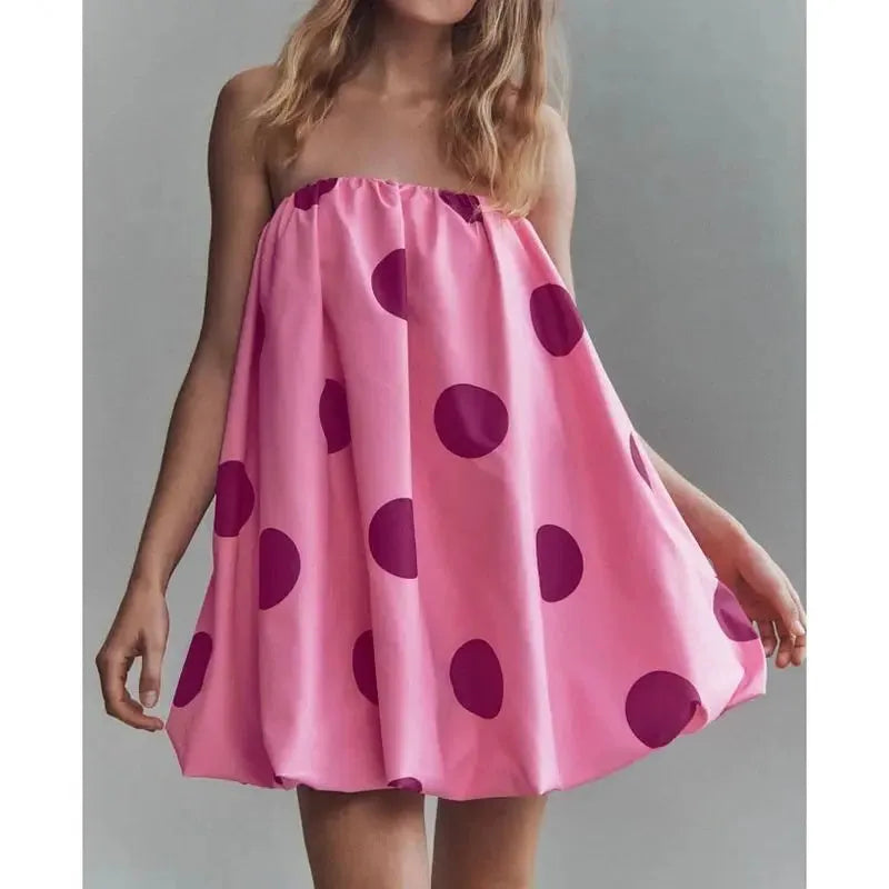 Polka Dot Strapless Bubble Mini Dress for Women - Lightweight Summer Fashion - Casual Party Wear