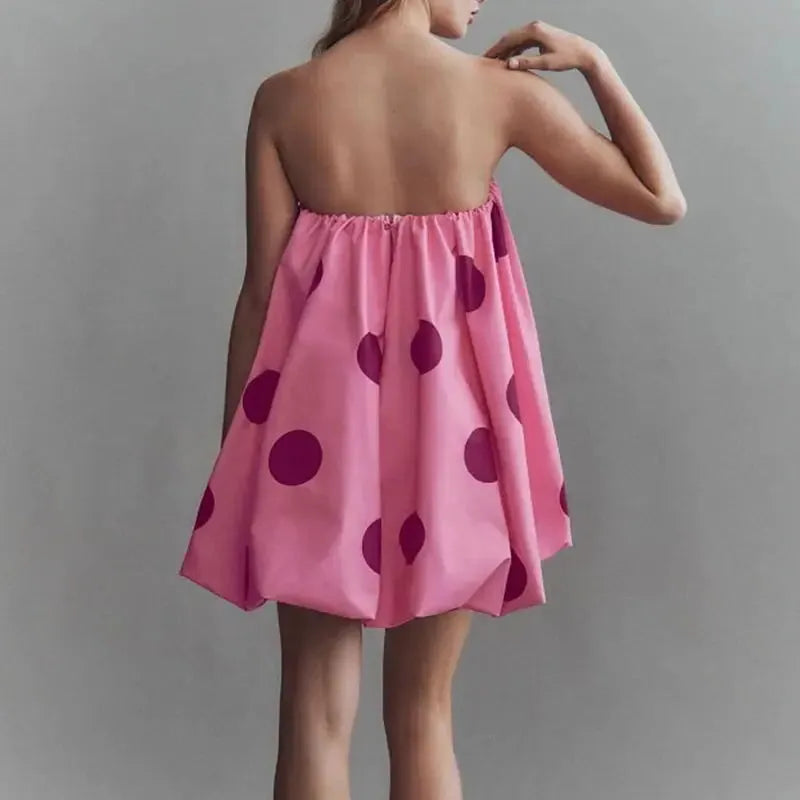 Polka Dot Strapless Bubble Mini Dress for Women - Lightweight Summer Fashion - Casual Party Wear