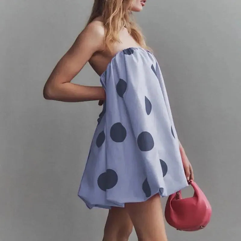 Polka Dot Strapless Bubble Mini Dress for Women - Lightweight Summer Fashion - Casual Party Wear