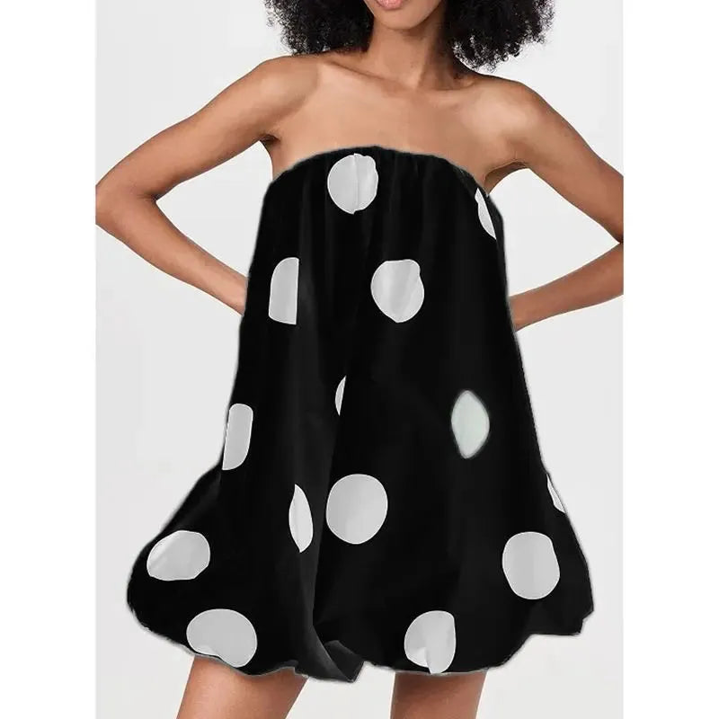 Polka Dot Strapless Bubble Mini Dress for Women - Lightweight Summer Fashion - Casual Party Wear