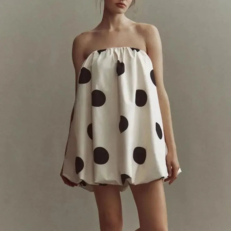 Polka Dot Strapless Bubble Mini Dress for Women - Lightweight Summer Fashion - Casual Party Wear