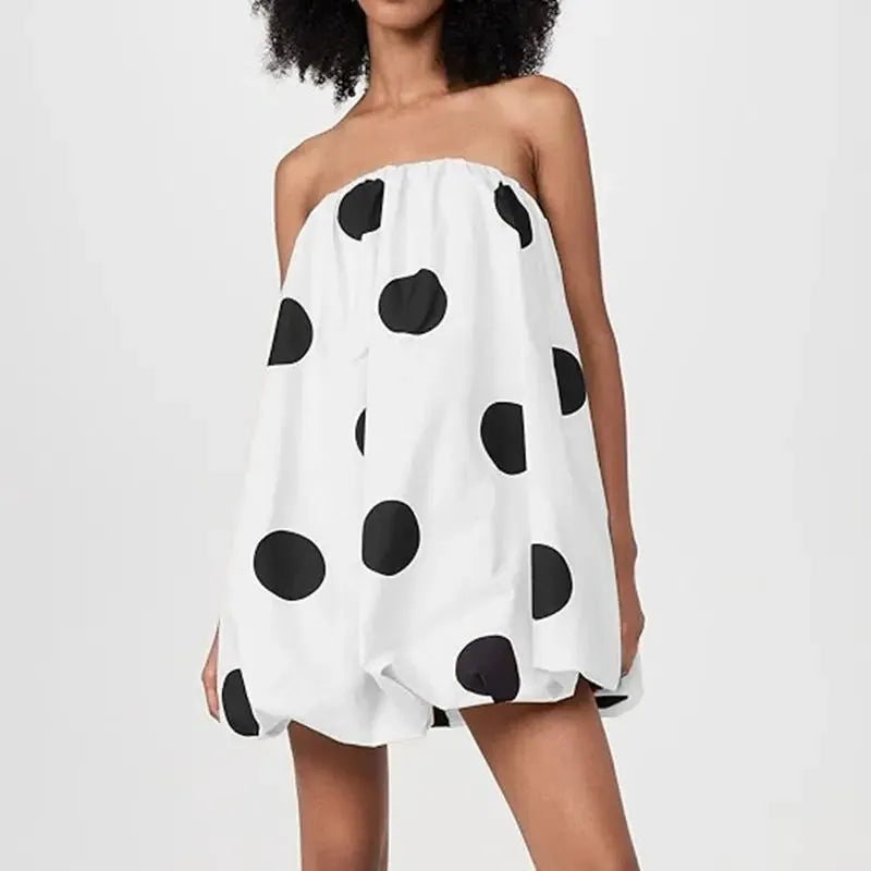 Polka Dot Strapless Bubble Mini Dress for Women - Lightweight Summer Fashion - Casual Party Wear