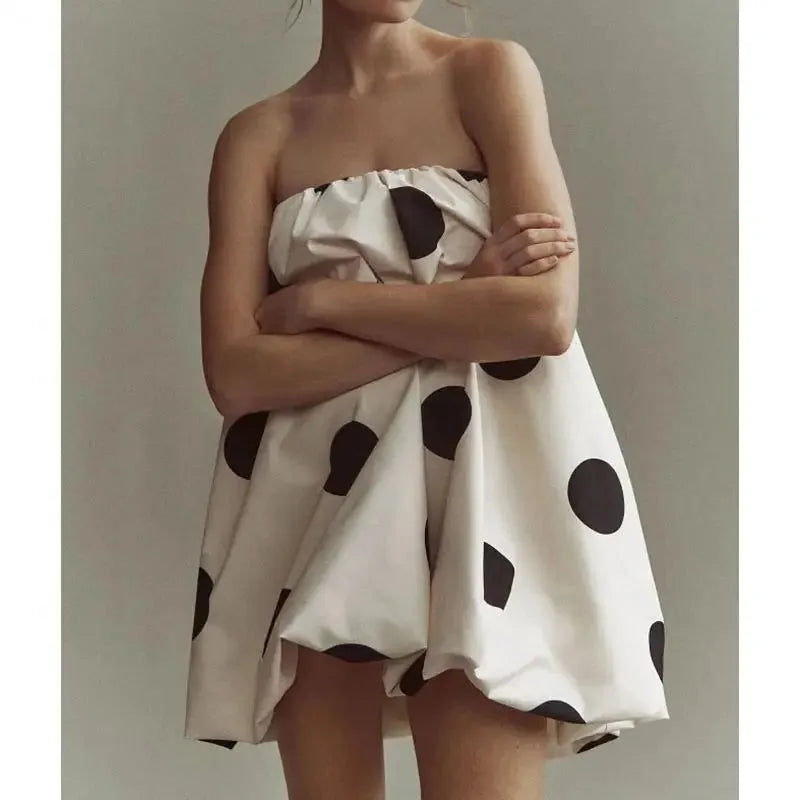 Polka Dot Strapless Bubble Mini Dress for Women - Lightweight Summer Fashion - Casual Party Wear