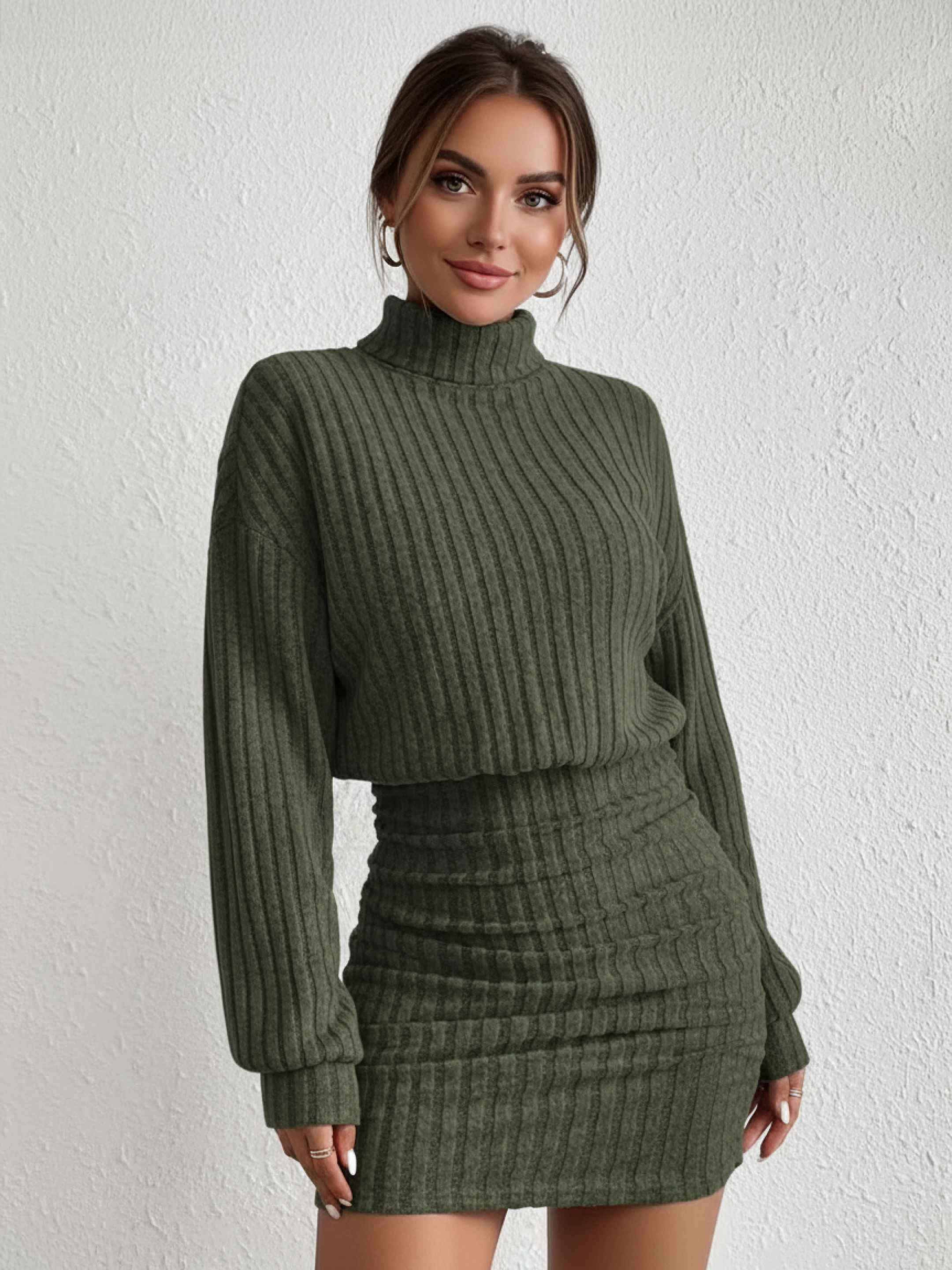 Ribbed Turtleneck Long Sleeve Dress in Soft Knit Fabric for Casual or Office Wear