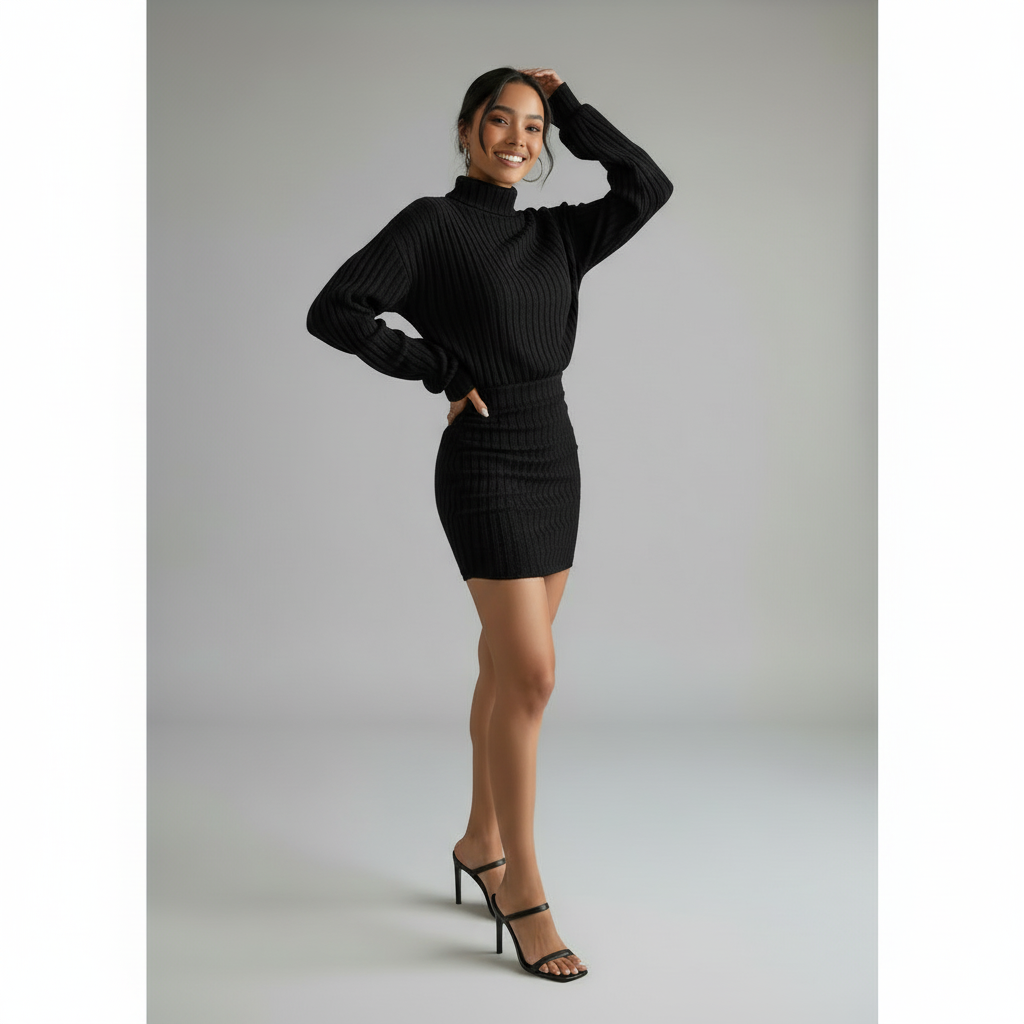 Ribbed Turtleneck Long Sleeve Dress in Soft Knit Fabric for Casual or Office Wear