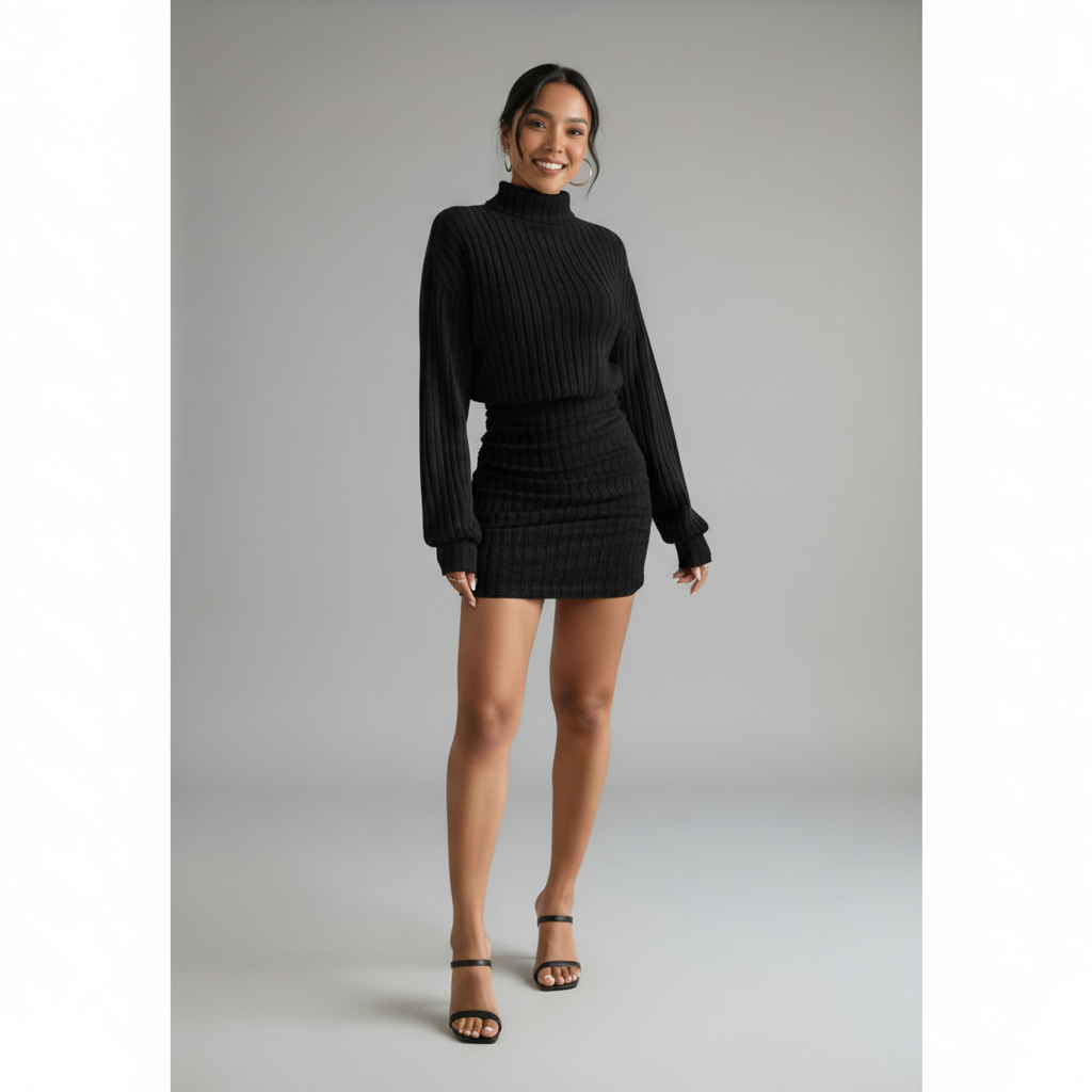 Ribbed Turtleneck Long Sleeve Dress in Soft Knit Fabric for Casual or Office Wear