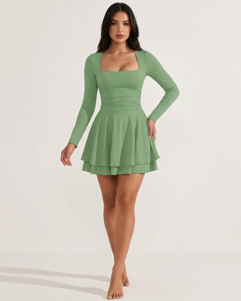 Square Neck Ruffle Mini Dress in Lightweight Fabric for Casual Wear and Summer Events