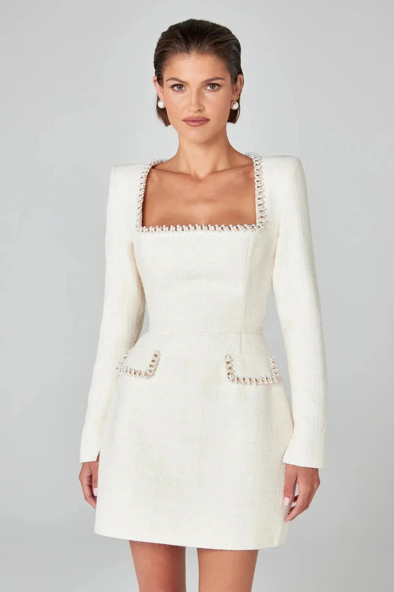 Tweed Pearl Trim Blazer Mini Dress for Women - Stylish and Elegant Outfit for Parties and Events