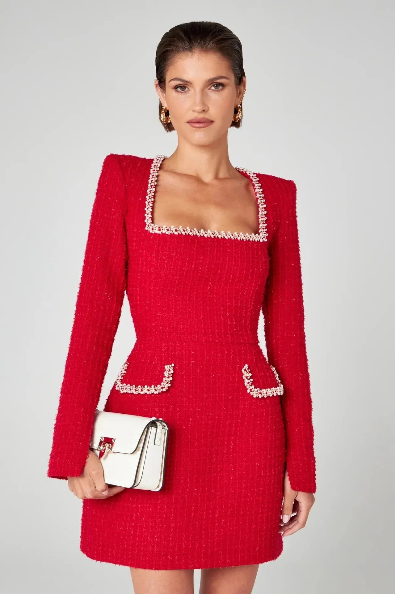 Tweed Pearl Trim Blazer Mini Dress for Women - Stylish and Elegant Outfit for Parties and Events