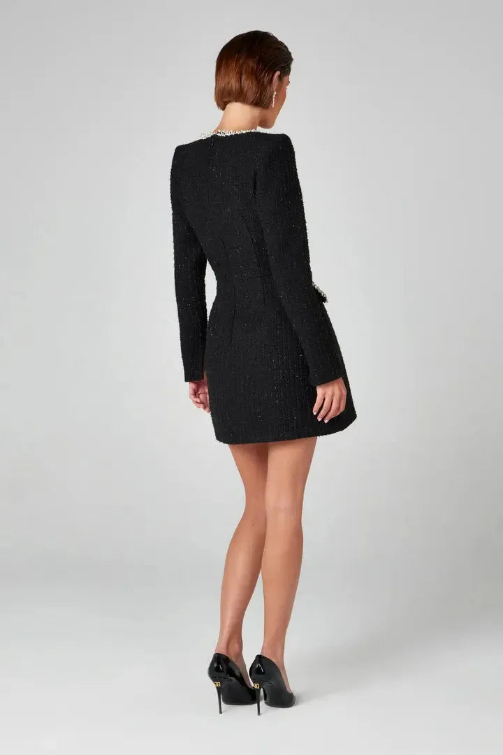 Tweed Pearl Trim Blazer Mini Dress for Women - Stylish and Elegant Outfit for Parties and Events