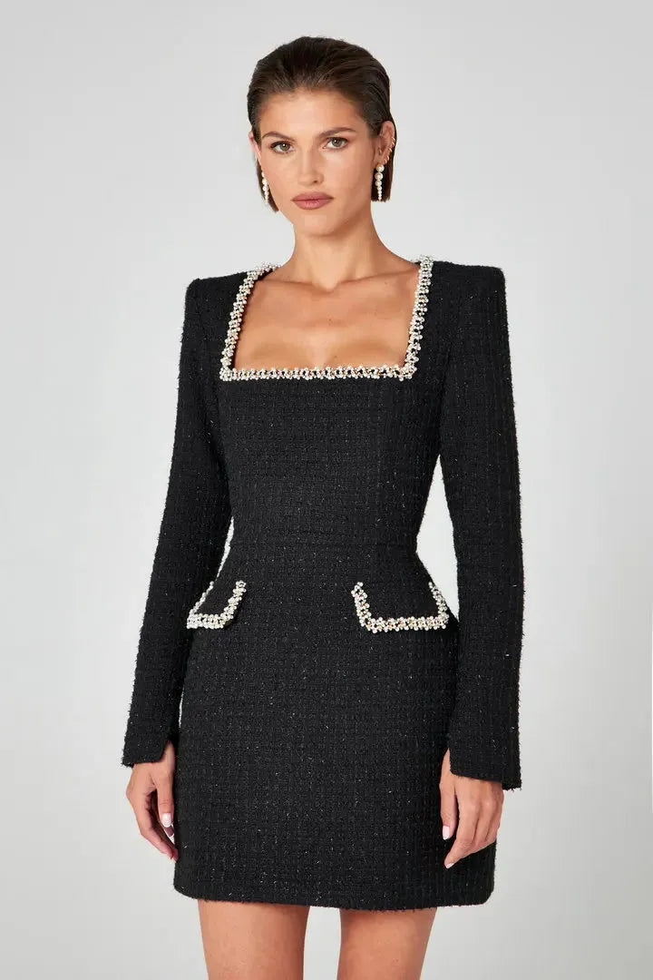 Tweed Pearl Trim Blazer Mini Dress for Women - Stylish and Elegant Outfit for Parties and Events