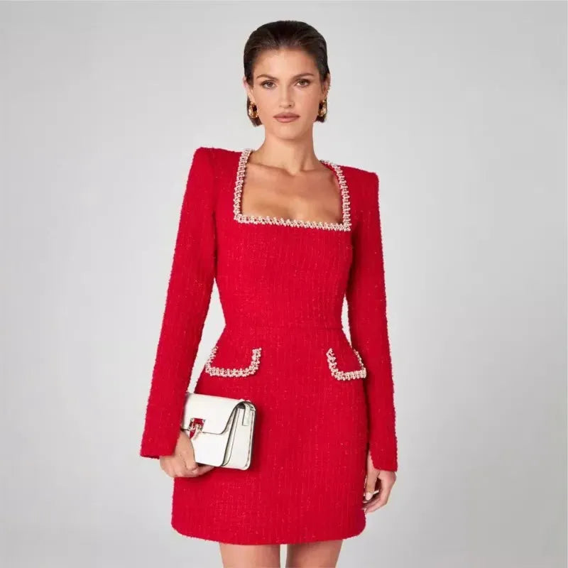 Tweed Pearl Trim Blazer Mini Dress for Women - Stylish and Elegant Outfit for Parties and Events