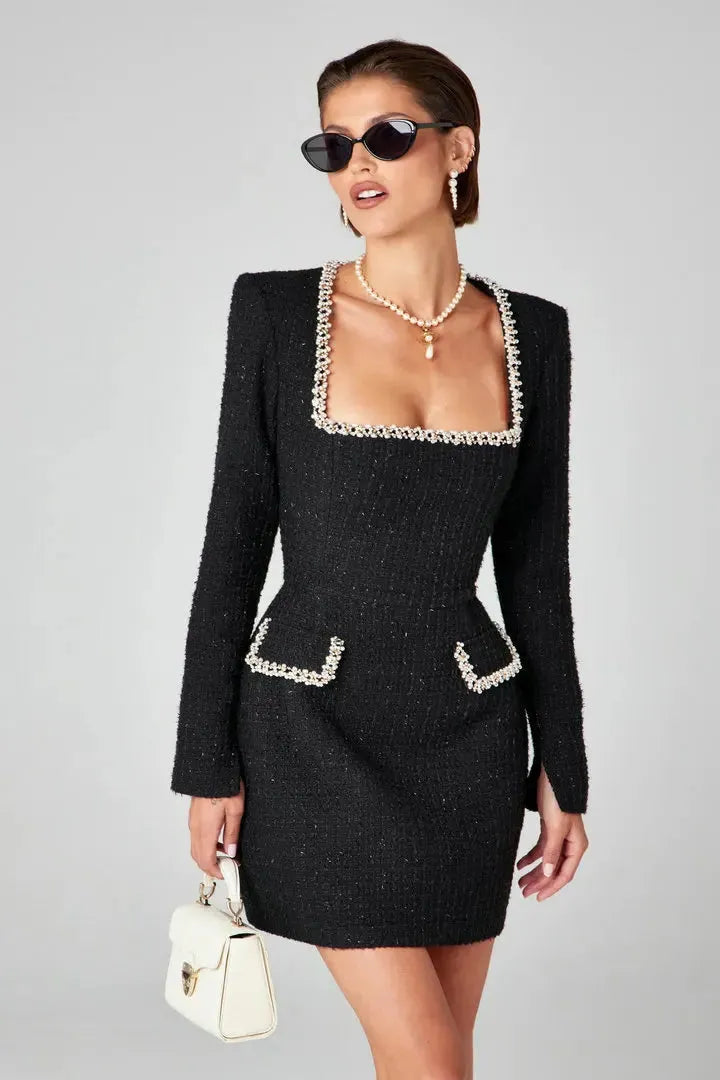 Tweed Pearl Trim Blazer Mini Dress for Women - Stylish and Elegant Outfit for Parties and Events