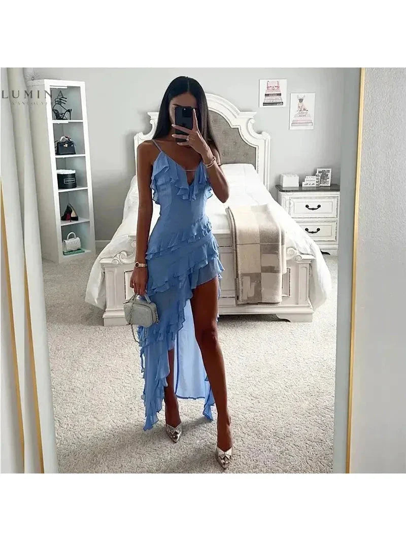 V-Neck Ruffle Slim Dress | Solid Color | Elegant Casual Wear for Women | Perfect for Parties and Events