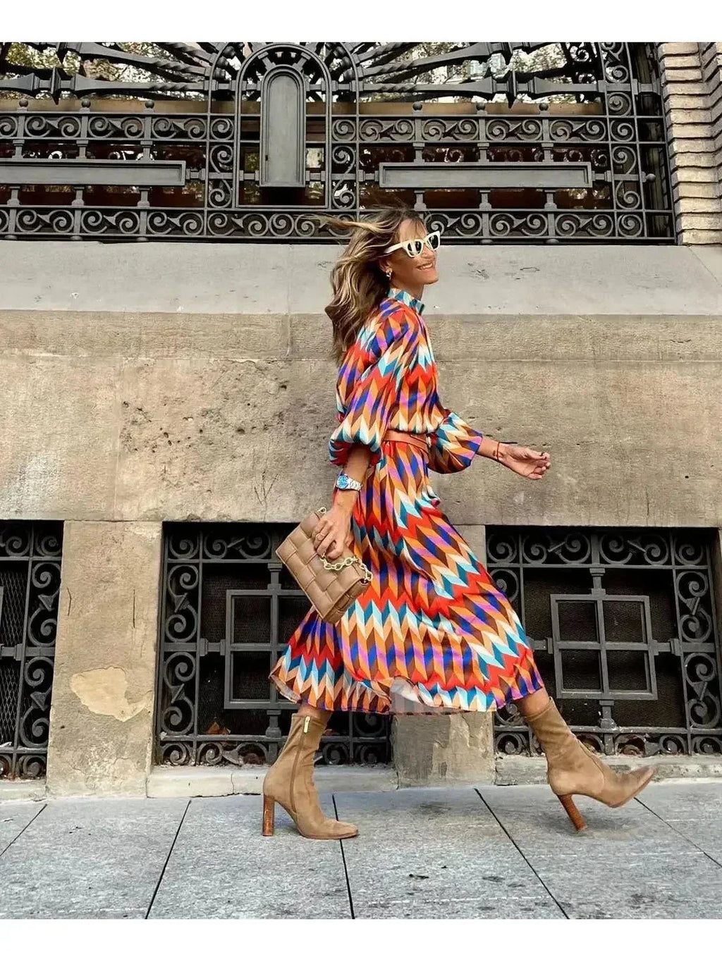 Vibrant Geometric Print Dress - Lightweight Fabric - Casual Summer Wear - Available in Multiple Sizes