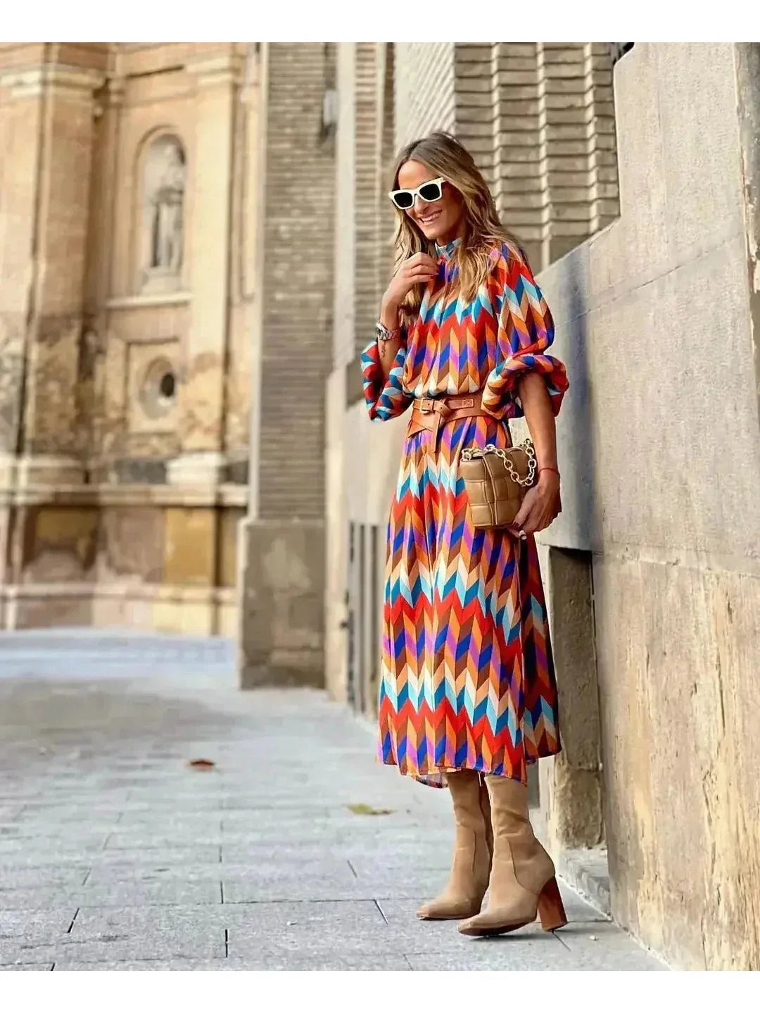 Vibrant Geometric Print Dress - Lightweight Fabric - Casual Summer Wear - Available in Multiple Sizes