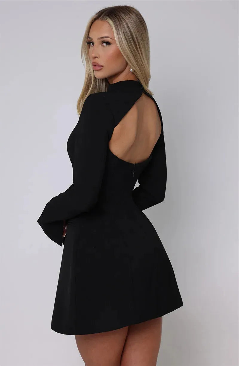 White High Neck Long Sleeve Mini Dress - Elegant Casual Wear for Women