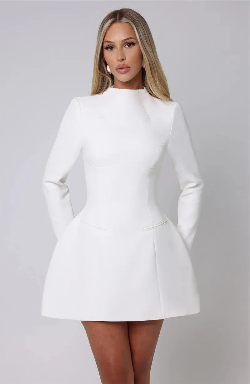 White High Neck Long Sleeve Mini Dress - Elegant Casual Wear for Women