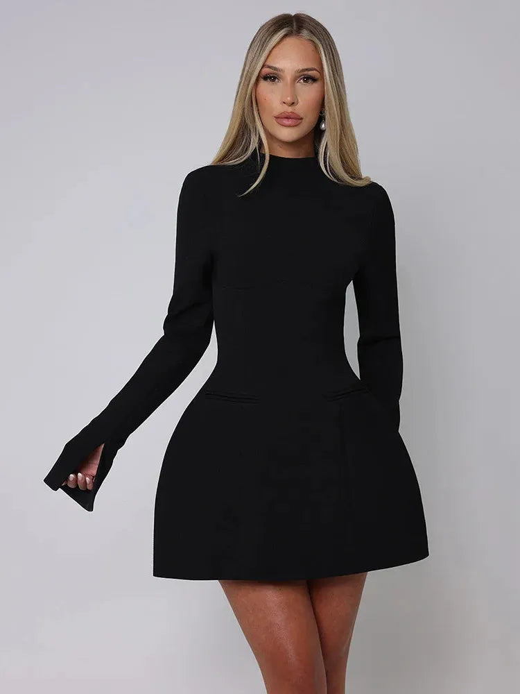 White High Neck Long Sleeve Mini Dress - Elegant Casual Wear for Women