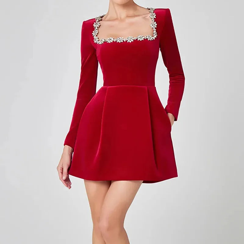 White Jewel Trim Long Sleeve Mini Dress for Women - Elegant Casual Wear in Comfortable Fabric