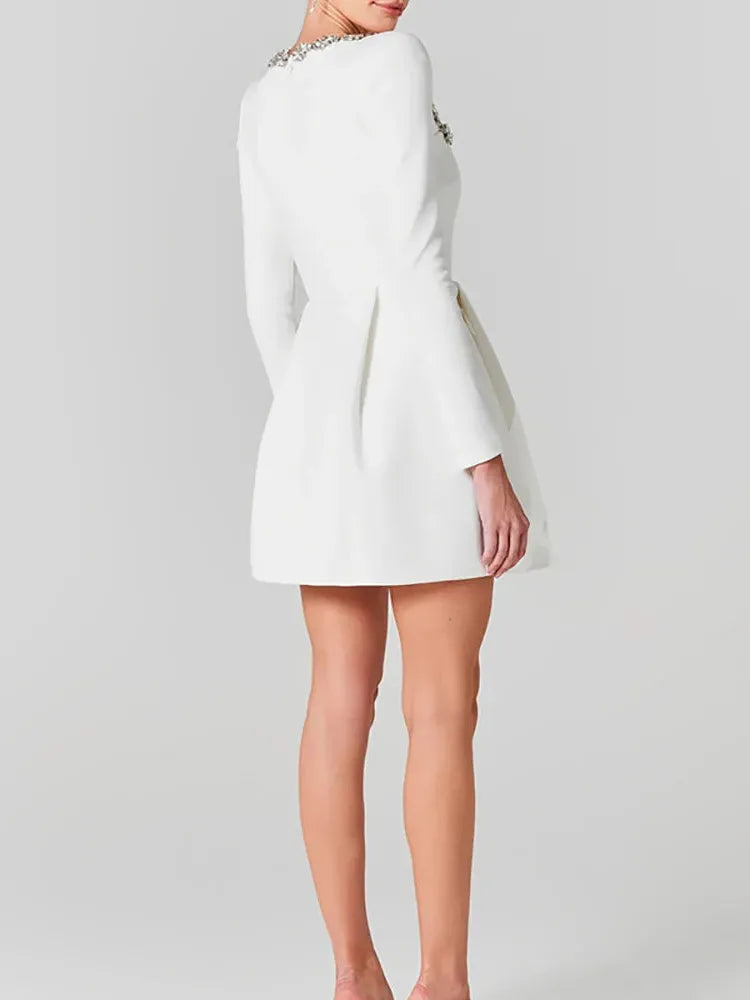White Jewel Trim Long Sleeve Mini Dress for Women - Elegant Casual Wear in Comfortable Fabric
