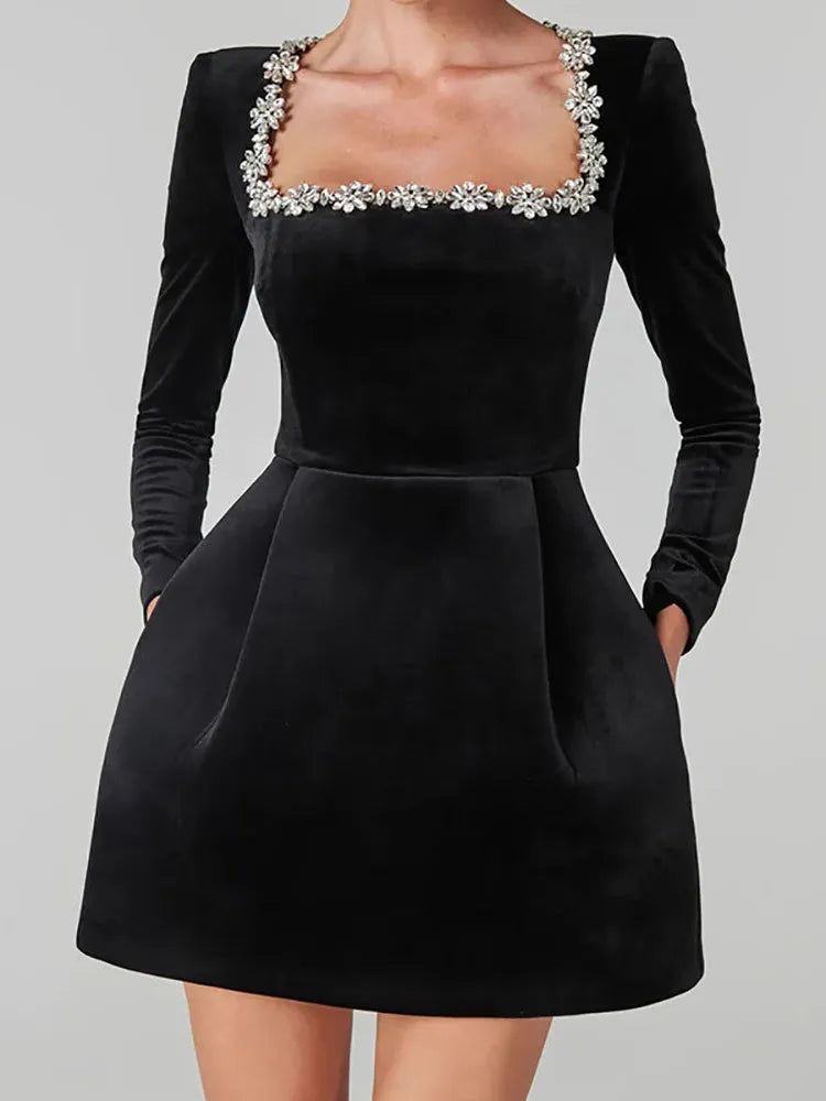 White Jewel Trim Long Sleeve Mini Dress for Women - Elegant Casual Wear in Comfortable Fabric