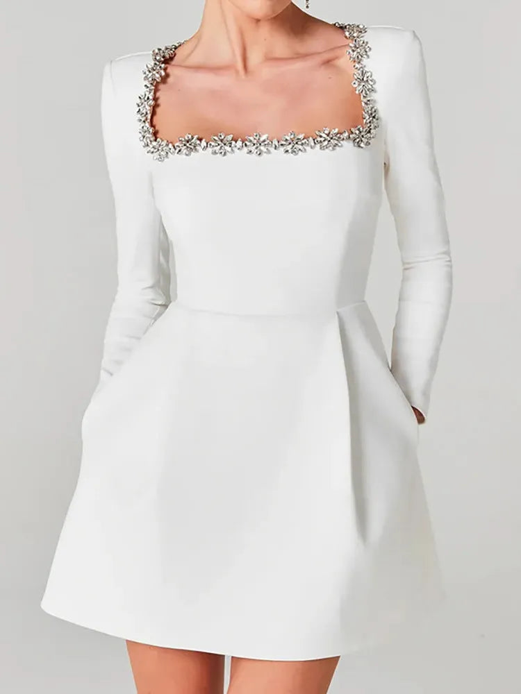 White Jewel Trim Long Sleeve Mini Dress for Women - Elegant Casual Wear in Comfortable Fabric