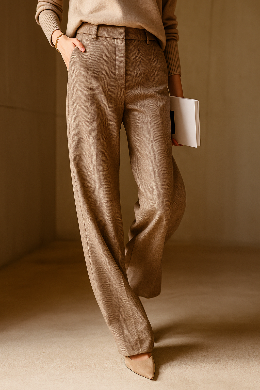 Wool Herringbone Trousers for Women - Classic Fit, Versatile Office or Casual Wear, Available in Multiple Sizes