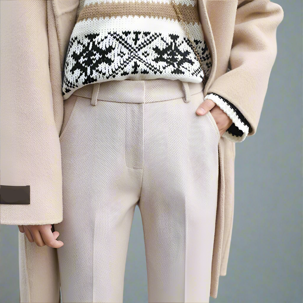 Wool Herringbone Trousers for Women - Classic Fit, Versatile Office or Casual Wear, Available in Multiple Sizes