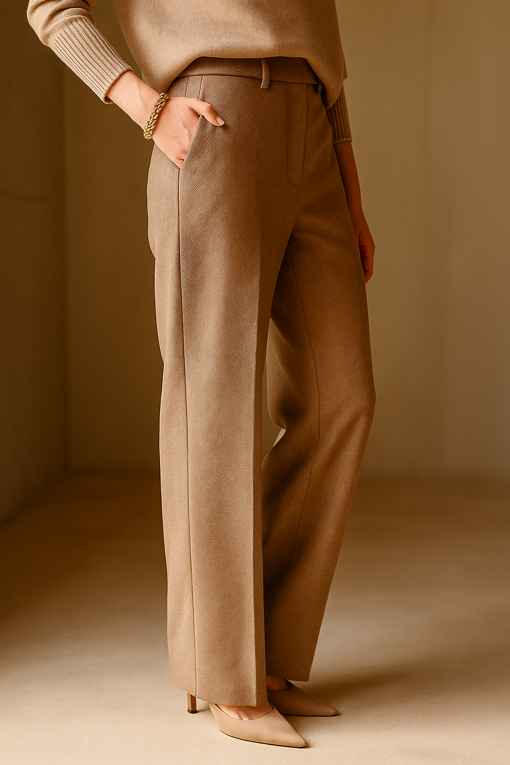 Wool Herringbone Trousers for Women - Classic Fit, Versatile Office or Casual Wear, Available in Multiple Sizes